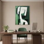 Abstract expressionist hand-painted canvas in layered greens, blacks and whites with gestural composition, modern office setting