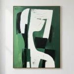 Abstract hand-painted canvas with layered geometric forms in forest green, cream, and black tones