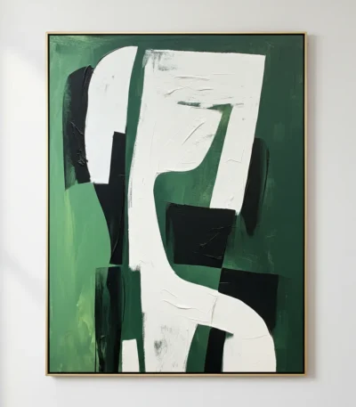 Abstract hand-painted canvas with layered geometric forms in forest green, cream, and black tones