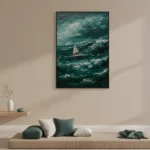 Impressionist hand-painted canvas depicting a sailboat navigating turbulent teal ocean waves beneath dramatic sky, contemporary living space