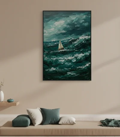 Impressionist hand-painted canvas depicting a sailboat navigating turbulent teal ocean waves beneath dramatic sky, contemporary living space