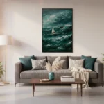 Impressionist seascape hand-painted canvas depicting a solitary sailboat amid turbulent teal waves under dramatic stormy skies, contemporary living space