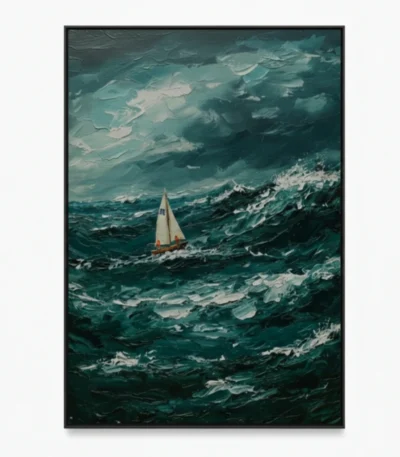Textured contemporary painting of a solitary sailboat navigating turbulent ocean waves in layered teal and cream tones, hand-painted canvas