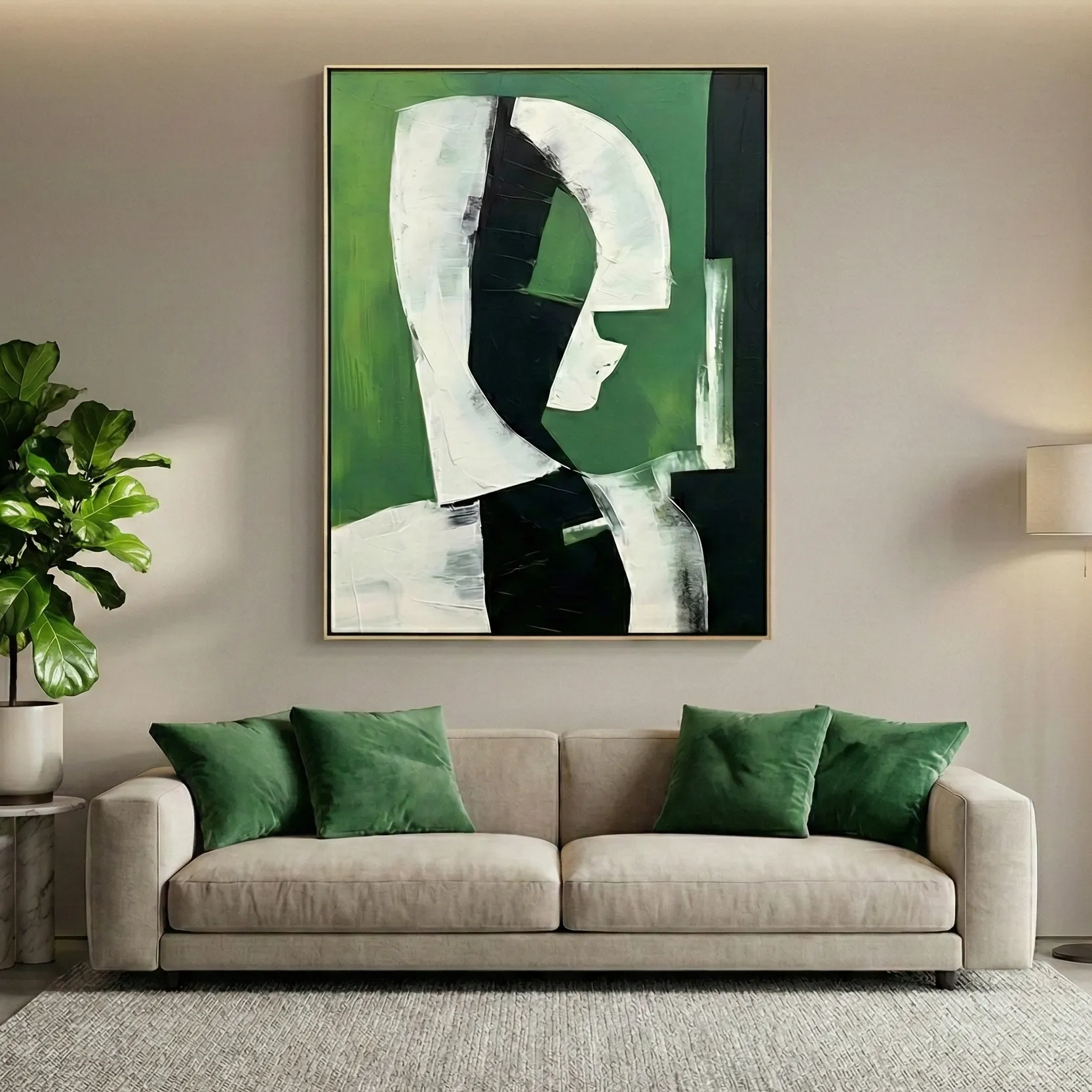 Emerald Geometric Arc Modern green abstract shapes abstract art wall art (1.5) Minimalist hand-painted canvas featuring abstract profile silhouette in white and black against layered green background, contemporary living space