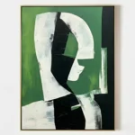 Abstract hand-painted canvas with geometric profile in white and black on vibrant green background