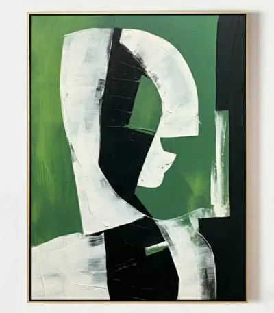 Abstract hand-painted canvas with geometric profile in white and black on vibrant green background
