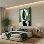 Contemporary abstract hand-painted canvas featuring geometric profile in white and green tones, modern bedroom