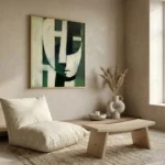 Contemporary abstract hand-painted canvas in cream, forest green and charcoal geometric forms, modern living space