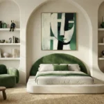 Contemporary abstract hand-painted canvas featuring a stylized face in green, cream and black tones, modern bedroom
