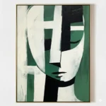 Contemporary abstract hand-painted canvas with geometric face in cream, forest green and black strokes