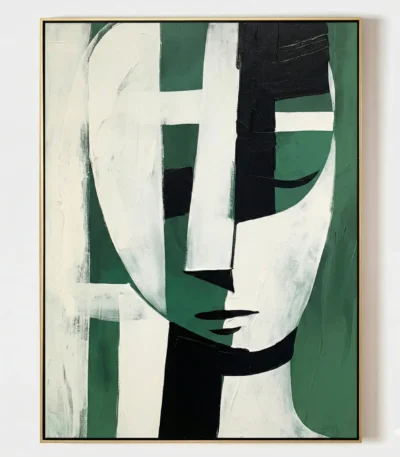 Contemporary abstract hand-painted canvas with geometric face in cream, forest green and black strokes