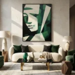 Contemporary abstract hand-painted canvas featuring geometric green and cream shapes with stylized face, modern living space