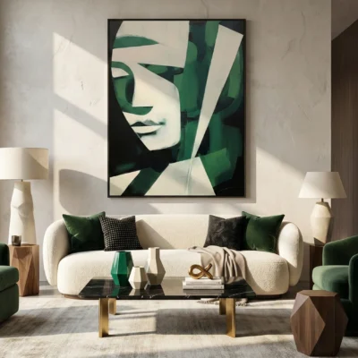 Contemporary abstract hand-painted canvas featuring geometric green and cream shapes with stylized face, modern living space