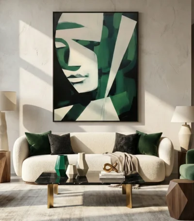 Contemporary abstract hand-painted canvas featuring geometric green and cream shapes with stylized face, modern living space
