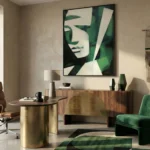 Contemporary hand-painted canvas depicting abstracted female portrait in layered green and cream tones, modern office space