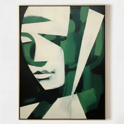 Contemporary abstract hand-painted canvas featuring fragmented face with geometric green and cream planes, modern interior