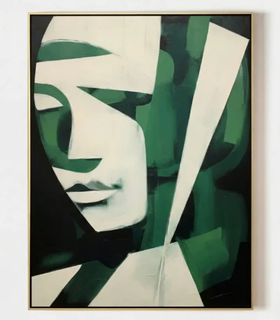 Contemporary abstract hand-painted canvas featuring fragmented face with geometric green and cream planes, modern interior
