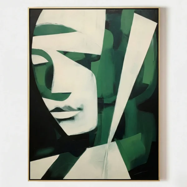 Contemporary abstract hand-painted canvas featuring fragmented face with geometric green and cream planes, modern interior