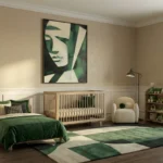 Contemporary figurative hand-painted canvas with geometric green and cream abstraction, modern nursery setting