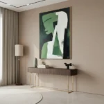 Contemporary hand-painted canvas depicting an abstract female profile in layered greens and cream tones, modern entryway