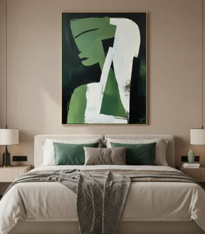 Contemporary abstract hand-painted canvas in forest green and cream with gestural black line work, modern bedroom setting
