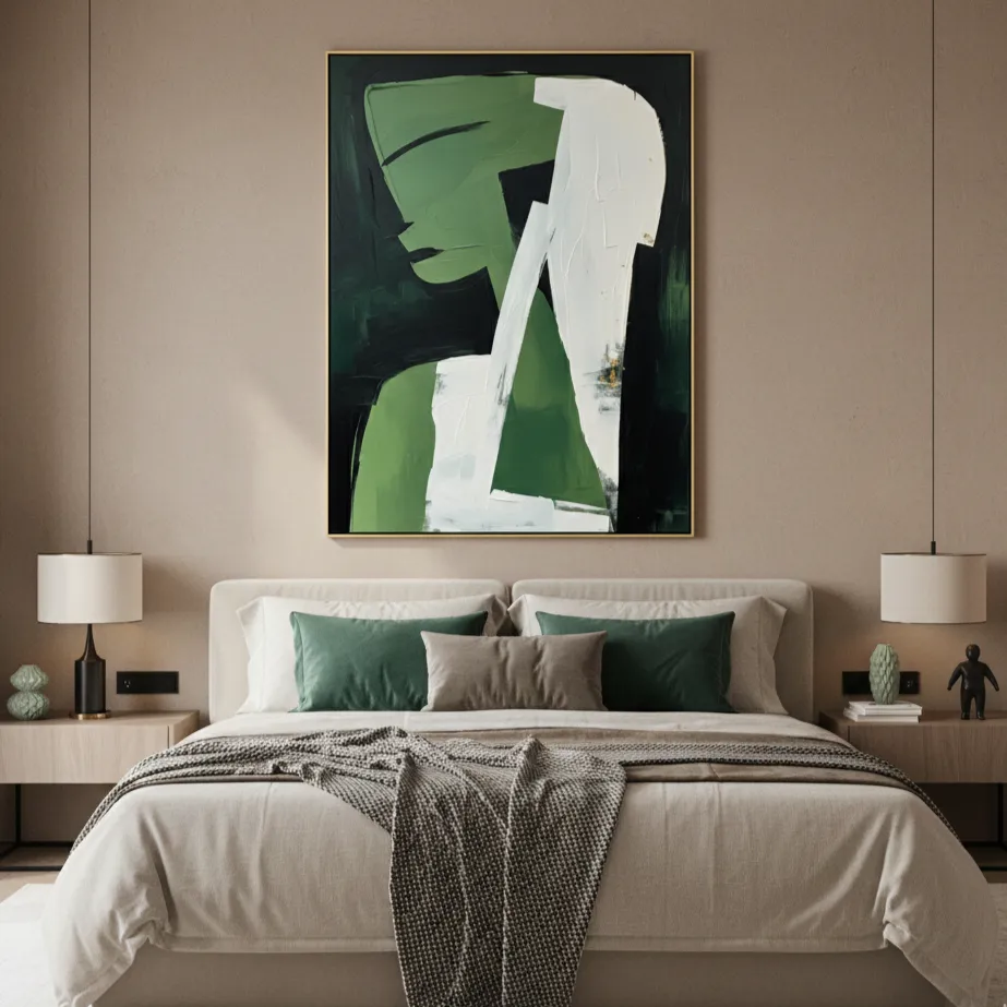Emerald Muse Elegant profile silhouette on textured sage backdrop textured art wall decor (1.5) Contemporary abstract hand-painted canvas in forest green and cream with gestural black line work, modern bedroom setting