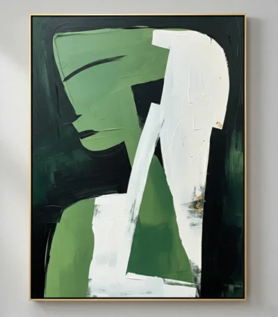 Abstract expressionist hand-painted canvas with gestural green and white forms on dark background, modern interior
