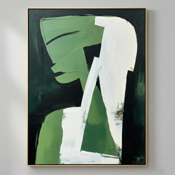 Abstract expressionist hand-painted canvas with gestural green and white forms on dark background, modern interior