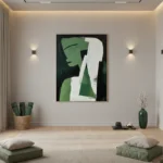 Contemporary hand-painted canvas depicting abstracted profile with geometric white and green forms, modern meditation space