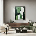 Contemporary abstract hand-painted canvas in green and cream with geometric layered forms, modern living space
