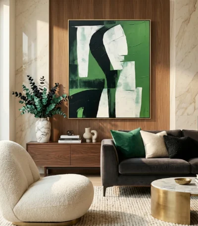 Gestural abstract hand-painted canvas with fragmented profile in black, white, and emerald green, contemporary living space