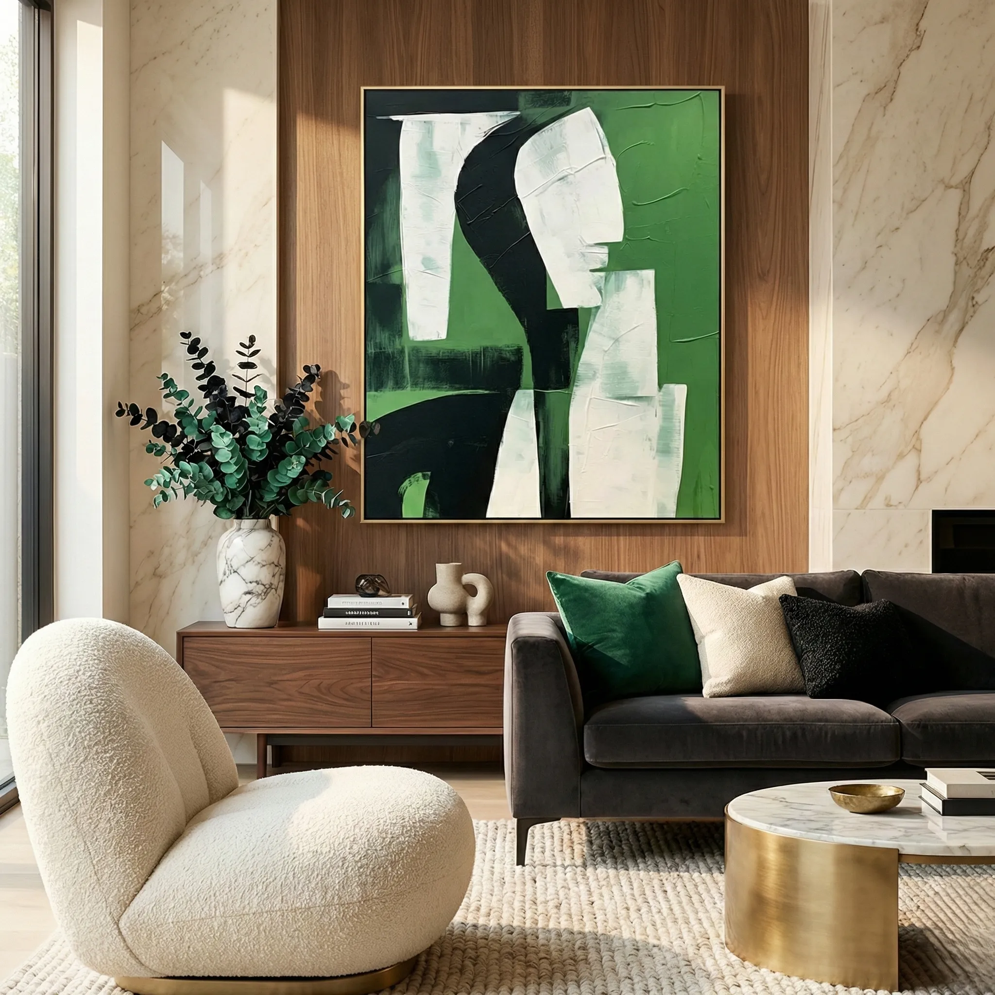 Emerald Muse Textured Figurative Composition abstract art (1.5) Gestural abstract hand-painted canvas with fragmented profile in black, white, and emerald green, contemporary living space