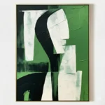 Contemporary abstract hand-painted canvas with gestural black and white forms against vibrant green background