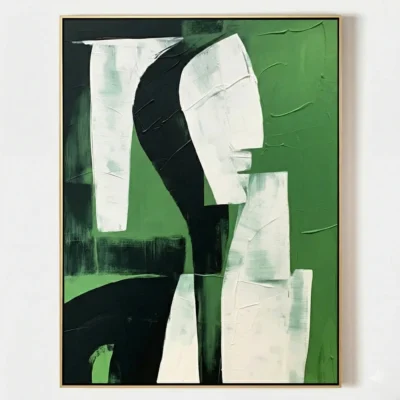 Contemporary abstract hand-painted canvas with gestural black and white forms against vibrant green background