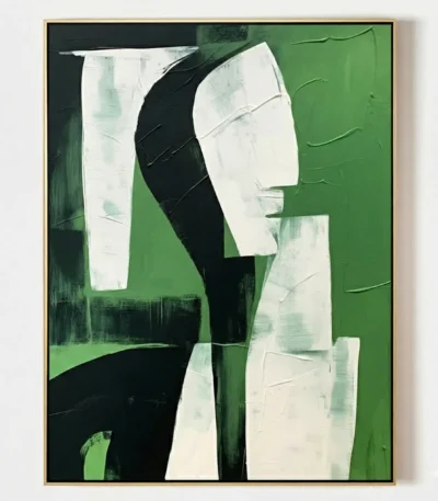 Contemporary abstract hand-painted canvas with gestural black and white forms against vibrant green background
