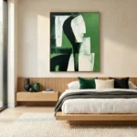 Contemporary abstract hand-painted canvas depicting geometric profile in green, black, and cream tones, modern bedroom