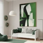 Contemporary abstract hand-painted canvas in emerald green, cream, and black geometric composition, modern living space