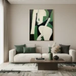 Minimalist figurative hand-painted canvas with stylized female form in cream, black and forest green, contemporary living space