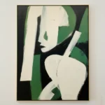 Contemporary abstract hand-painted canvas depicting stylized figure in cream, forest green and black tones