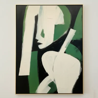 Contemporary abstract hand-painted canvas depicting stylized figure in cream, forest green and black tones