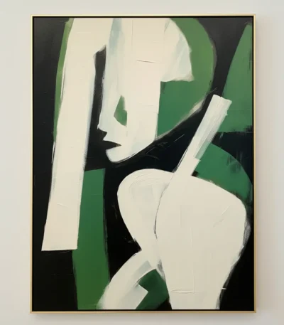 Contemporary abstract hand-painted canvas depicting stylized figure in cream, forest green and black tones