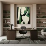 Contemporary abstract hand-painted canvas depicting a stylized figure in cream, black and green tones, modern office space