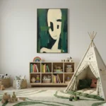 Contemporary figurative hand-painted canvas with abstracted portrait in cream and deep green tones, styled in modern nursery