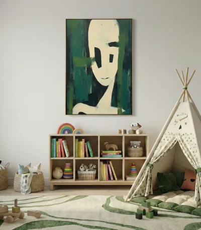 Contemporary figurative hand-painted canvas with abstracted portrait in cream and deep green tones, styled in modern nursery