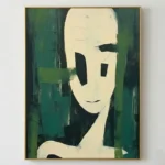Contemporary abstract hand-painted canvas depicting a stylized face in cream and black against rich emerald green background
