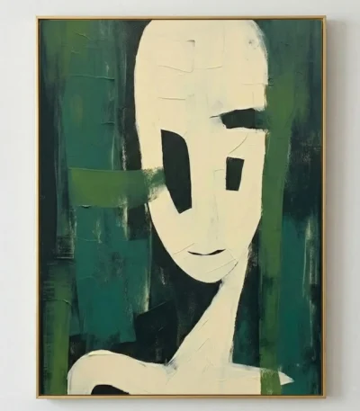Contemporary abstract hand-painted canvas depicting a stylized face in cream and black against rich emerald green background