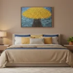 Contemporary hand-painted canvas depicting golden umbrella canopy with dark trunk against textured blue cityscape, bedroom setting