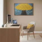 Contemporary hand-painted canvas featuring a yellow umbrella tree with textured brushwork against layered blue brick backdrop, styled office setting