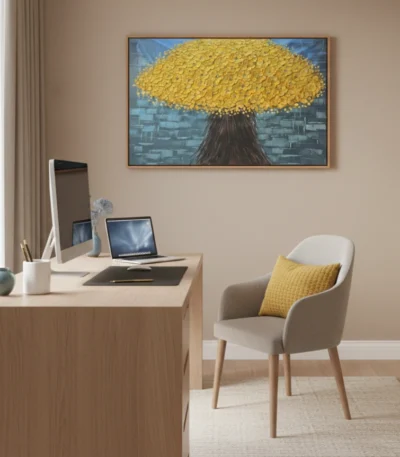 Contemporary hand-painted canvas featuring a yellow umbrella tree with textured brushwork against layered blue brick backdrop, styled office setting