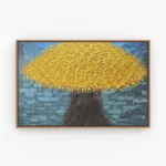 Contemporary hand-painted canvas featuring textured golden tree with dark trunk against blue brick backdrop